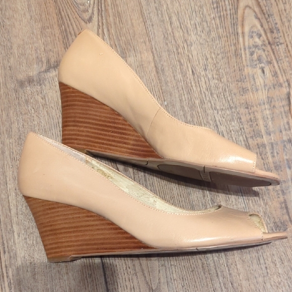 Nine West Nude Peep-Toe Wedges - Picture 1 of 5